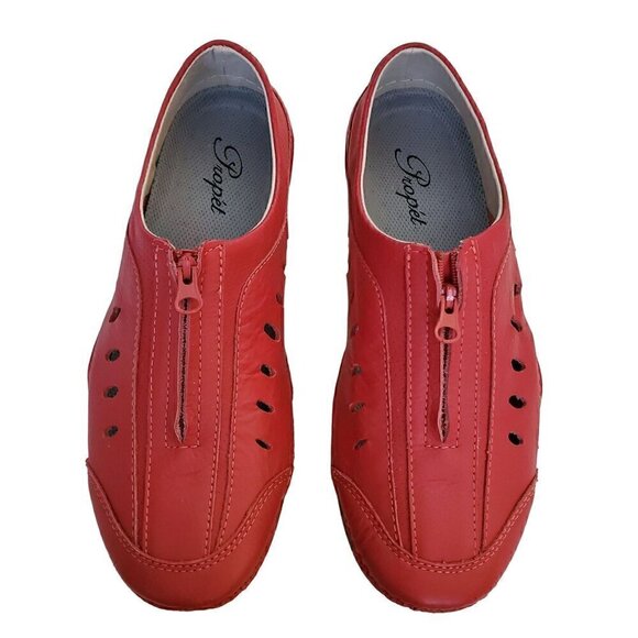 Propet Casual Leather Zip Up Shoes, Woman's Red Leather Flats - Picture 2 of 6